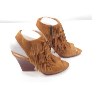 Vince Camuto Jadon Brown Leather Fringe Slingback Sandal Block Heel Women 6.5